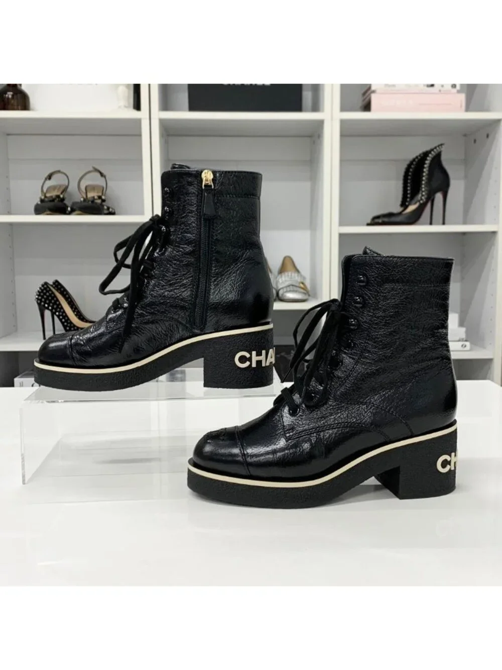 Chanel CC Logo Leather Lace Up Short Boots Black